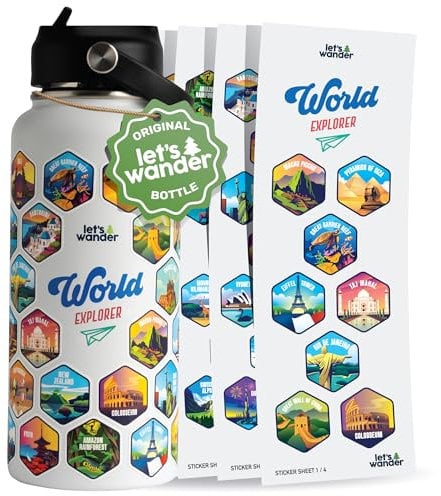LET'S WANDER World Explorer Adventure Water Bottle with 50 Waterproof Stickers - 32oz Leakproof Insulated Stainless Steel with Straw - Travel Goal Gift Bottle (White)