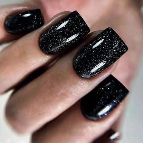 24pcs Glitter Press-on Black Fake Nails W/Glue - Medium Square False, French Tip, Full Cover Coffin for Girls & Women - Perfect for Nail Art
