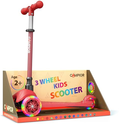 Red Mini 3 Wheel Scooter for Kids – Lean-to-Steer with LED Light-Up Wheels, Adjustable Handlebar, Wide Anti-Slip Deck, Smooth PU Wheels, Rear Foot Brake – Toddler Scooter for Ages 2+