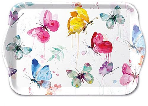Ambiente Tablett 13x21cm Melamin mit Aquarell Schmetterlinge Motiv - zum Dekorieren & Servieren - kleines Serviertablett für Kaffee Tee Frühstück - Tischdeko Frühling Sommer - Dekotablett Weiß Bunt