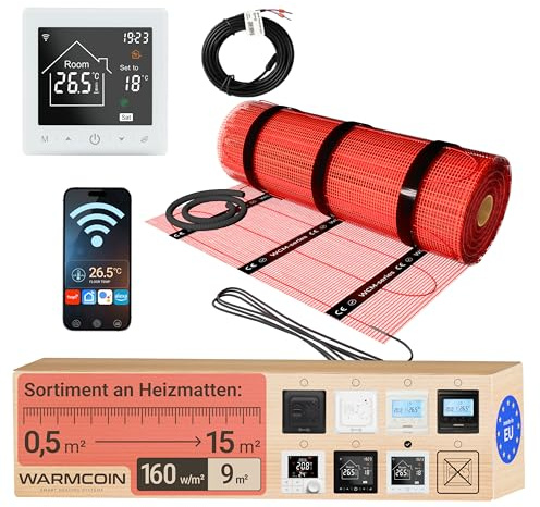 Elektrische Fußbodenheizung Heizmatten-Set mit WLAN-Thermostat 9 m² | Digital & smart per App, Touchscreen, WiFi; Elektro-Flächenheizung 160 W/m², selbstklebend, Bodenfühler; für Fliesen