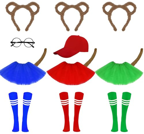 JrnSvp 14 Stück Streifenhörnchen Kostüme Set, Chipmunks Ohren HaarreifenTutu Rock Rote lange Socken Mütze, Damen Kinder Chipmunks Kostüm Karneval Fasching Mottoparty Halloween