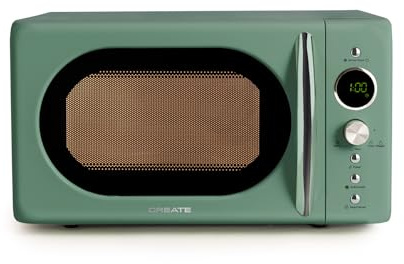 CREATE/MICROWAVE RETRO/Microondas grill digital verde sage/Estilo Retro, capacidad 20L, plato de Ø245 mm, 3 programas, 9 menús preinstalados, cocinado multietapa, pantalla LCD, 900W