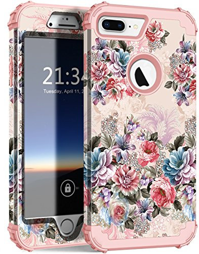 Hocase iPhone 7 Plus Hülle, Fallschutz, stoßdämpfende Silikon-Stoßstange + harte Schale Hybrid Dual Layer Ganzkörper-Schutzhülle für Apple iPhone 7 Plus 5,5 Zoll – Pfingstrosenblüten/Rose Gold Pink
