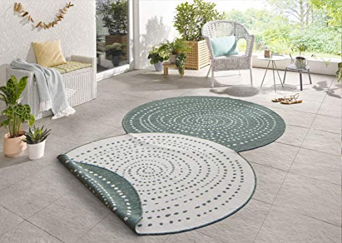 NORTHRUGS In- und Outdoor Teppich Bali Rund ⌀140cm - Wendeteppich Wetterfest Modernes Punkte Design Läufer für Balkon Terrasse Garten Wintergarten Wohnzimmerteppich Wasserfest in Grün Creme