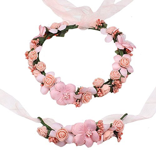 AiSi Blumenkranz mit Armband, Handgelenk Band Haarband Set, Stirnband Haarkranz Blumen Krone Boho Style für Festival Hochzeit Braut Brautjungfer Party (Pink/Rosa)