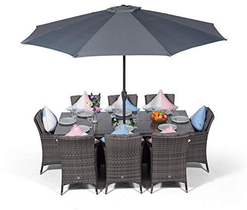 Savannah Large Rattan Dining Set | Rectangle 8 Seater Grey Rattan Table & Chairs Set with Ice Bucket Drinks Cooler | Outdoor Poly Rattan Garden Dining Furniture Set with Parasol & Cover