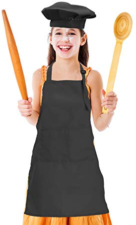 CWFUN Kids-Children Black Apron and chef hat Set,Aprons for Kids-Boys Girls Adjustable Aprons-Children Kid's Kitchen Cooking and Baking Wear(4-12 Years Old) (Black-1Set, Size L)