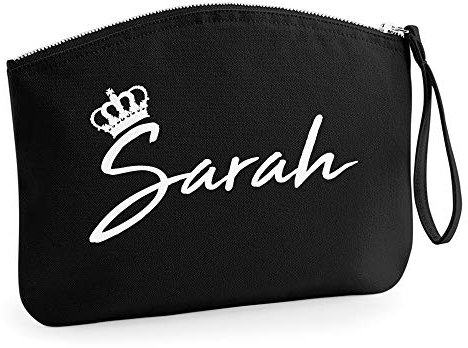 Personalisiert Name Initialen Kosmetiktasche Damen Schminktasche Handtasche Zubehör Taschen - Schwarz - S (19 x 17 cm) - Weißen Flocke Königinnen Krone