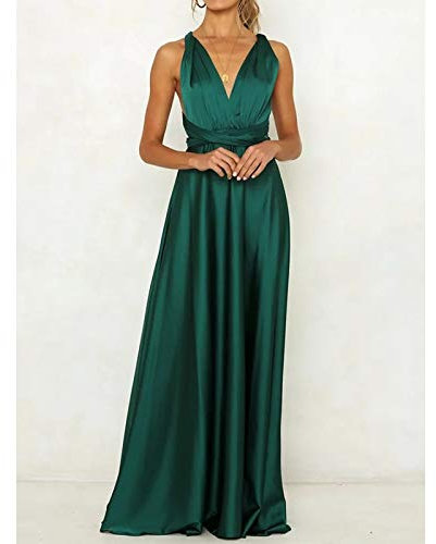 QUNLIANYI Robe Perle Femme Élégante Robe de Soirée en Satin Vert Bandage sans Bretelles Dos Nu Robes Longues D'Été M 1