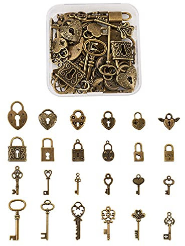 Cheriswelry Schlüsselschloss-Anhänger, tibetisches Vintage-Skelett, Schlüssel, Herz, Vorhängeschloss, Charms für Schmuckherstellung, Bronze, Kein Edelstein