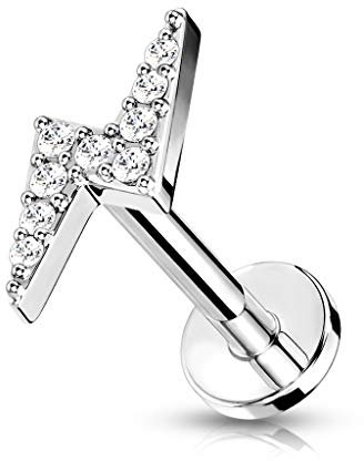 BlackAmazement 316L Edelstahl Labret Monroe Tragus Helix Ohrstecker Blitz Donner Lichtblitz 6mm 8mm Zirkonia CZ Rose Gold Silber Damen (Farbe Silber - Stablänge 6mm)