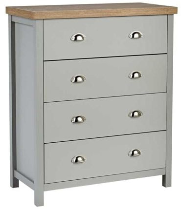 Home Source Wide Chest of Drawers Clothing Storage Unit, 4 Drawers, Grey, Sonoma Oak Effect