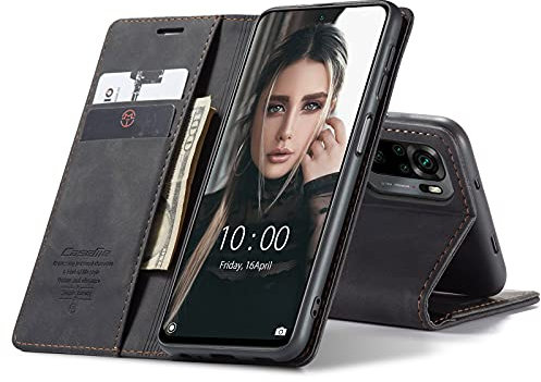 Chocoyi Schutzhülle aus Leder für Xiaomi Redmi Note 10 4G/Note 10S, Schutzhülle aus PU-Leder, Brieftasche, Magnetverschluss, Kartenfächer, Standfunktion, Schwarz
