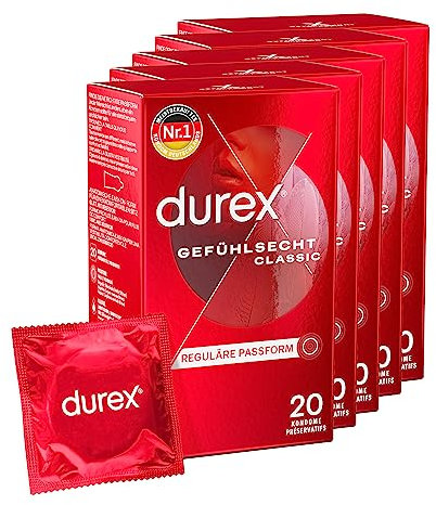 Durex Gefühlsecht Classic Kondome – 100 Hauchzarte Kondome für intensives Empfinden und innige Zweisamkeit - 5 x 20 Stück