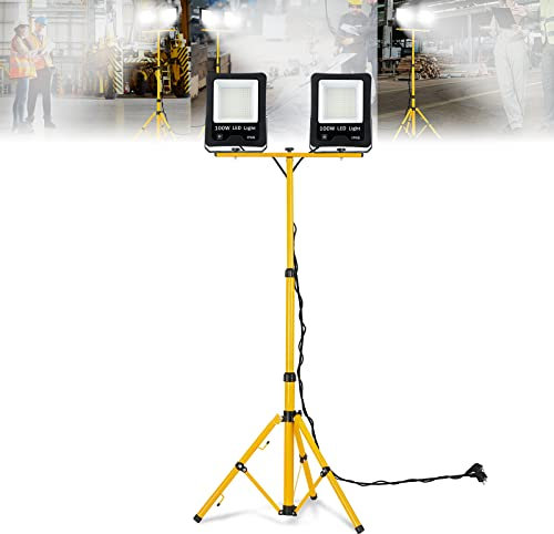 ACXIN 2 Stück LED Fluter Flutlicht, Außen Flutlicht, LED Baustrahler Arbeitsleuchte, Scheinwerfer, Außenstrahler+ Gelb Stativ, IP66 wasserdicht, 100W, Kaltweiß