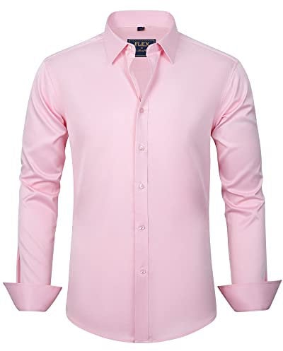 J.VER Men's Business Dress Shirts Long Sleeve Regular Fit Casual Formal Shirt Solid Button Down Stretch Wedding Work Non Iron Pink L