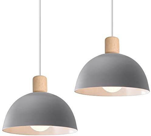 iDEGU 2 Stück Ø20cm Hängelampen Retro E27 LED Hängeleuchte Moderne Skandinavisch Deckenleuchte aus Metall Holz Pendelleuchte für Schlafzimmer Esszimmer Küche Restaurant (Grau, 2 Lampen)