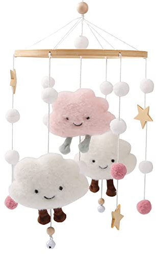 Promise Babe Mobile Baby Windspiele mit Filzbällen Wolken Sterne Mobile Babyzimmer Holz Gehäkelt Mobile Baby Jungen Mädchen Bettglocke Anhänger zum Aufhängen Babybett Kinderbett Wickeltisch Deko Rosa