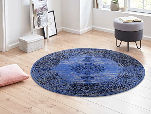 Hanse Home Gloria Orient Teppich Rund ⌀160cm – Wohzimmerteppich Mehrfarbig Vintage Teppich Orientalisches Muster für Flur, Esszimmer, Schlafzimmer, Kinderzimmer, Wohnzimmer, Küche – Jeans