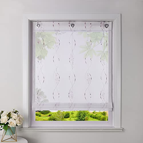 Heichkell Raffrollo ohne Bohren Voile Raffgardine mit Ösen Transparenter Vorhang mit Hakenaufhängung Ösenrollo mit Moderner Stickerei Violett BxH 100x140cm