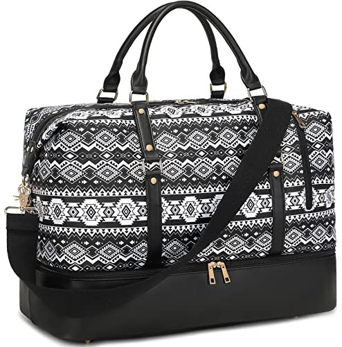 Weekender Übernachtungstaschen für Damen und Herren, übergroß, Leder, Wochenende, Reisetasche, 03 Polyester Black&White, Ethno-Stil