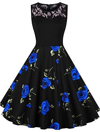 AXOE Women's Vintage Fit & Flare Dress 1950s Style Floral Print Sleeveless, Below Knee, UK Size 16