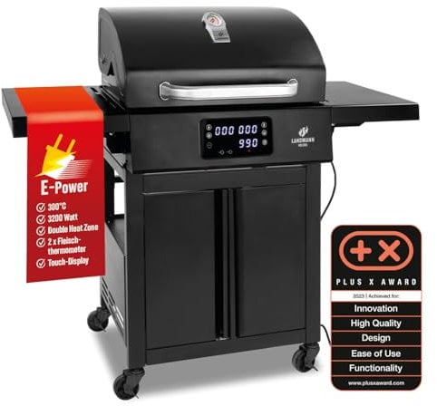 LANDMANN Elektro-Grillwagen EG-II-591 | Leistungsstarker Standgrill mit 2 Fleischthermometern & Deckelthermometer | Ohne Gas & ohne Kohle grillen | Grillfläche ca. 59 x 40,5 cm | 3200W [Schwarz]