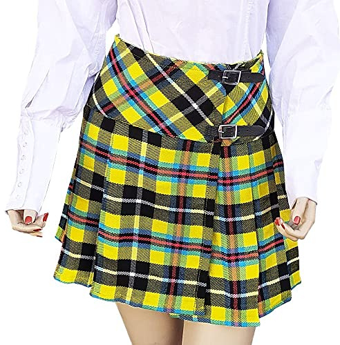 BRAW CLANS TARTANS Jupe Mini Kilt pour Femme - Robe Traditionnelle en Tartan Écossais - Bretelles Réglables - Tailles UK 6 à 26 - Black Watch, Royal Stewart & Plus, jaune, 42-44