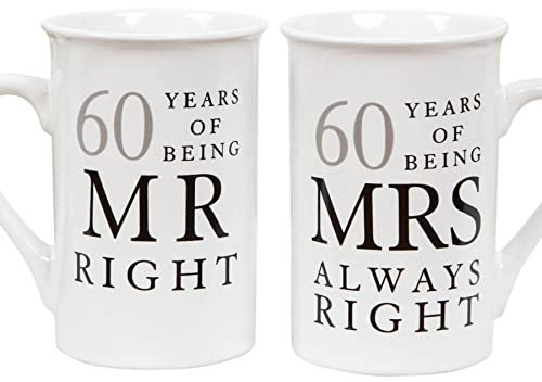 Widdle Gifts Ltd 60th Anniversary Set of 2 China Mugs 'Mr Right & Mrs Always Right' Diamond Anniversary