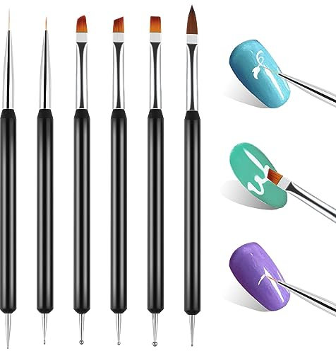 WLLHYF 6PCS Nail Art Brushes Double-End Acrylic Gel Manicure Tools Kit Professional French Swirl Tip Brush Painting Dotting Pen Long Lines Striping Brushes for Gel Polish Nail Design