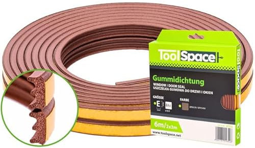 ToolSpace Türdichtung Selbstklebend Dichtungsband Dichtungsgummi Door Sealing Strip E Profil Braun Gummidichtung für Fenster & Türen 6M Fensterdichtung Anti-Kollision Gummi Schaum Schaumstoffband