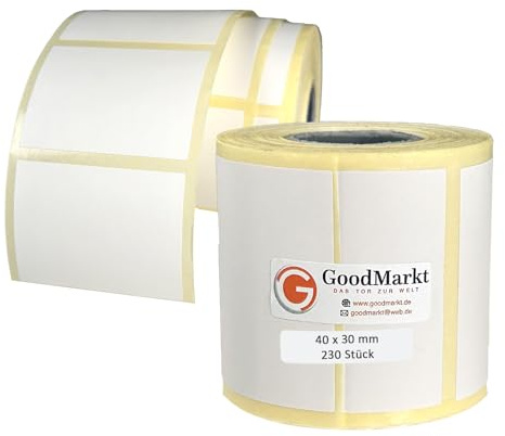 GoodMarkt Thermodirekt Etiketten selbstklebend | 40x30 mm 1 Rolle, weiß, 230 Etiketten | Kompatibel mit Brother, Zebra| Haushaltsetiketten, Barcodeetiketten, Marmeladenetiketten