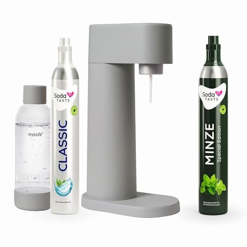 Sparpaket: Mysoda Woody - Wassersprudler aus erneuerbarem Holzkomposit mit 1L BPA-freier Plastikflasche, CO2-Zylinder Classic + CO2-Zylinder Minze (Grau)