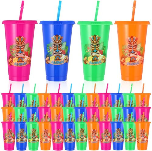 FillTouch 36 Pcs Plastic Tiki Cups 24 oz Hawaiian Tumbler with Lid and Straw Bulk Tiki Reusable Plastic Mug Cups Mai Tai Glasses Luau Water Bottle for Cocktails Party Drinking Coffee Travel Supplies