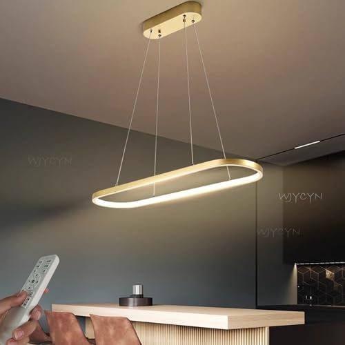 WJYCYN Dimmbar Oval LED Kronleuchter Pendelleuchte moderner Esstisch Büro mit Fernbedienung ring Hängelampe höhenverstellbar Blendfreesszimmer Arbeitszimmer Wohnzimmer Kücheleuchte B:Gold L100cm 45W