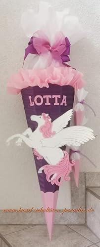 Schultüten Bastelset Pegasus lila-rosa-weiß-Glitter mit 3 kleinen Tüten zum Anhängen MaterialType Schultütenzuschnitt 400g Karton