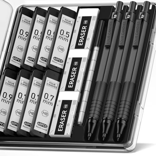 Four Candies Metall-Druckbleistift-Set, 3-teiliges Künstlerbleistift 0,5 mm & 0,7 mm & 0,9 mm mit 480 HB-Minenminen, 3 Radiergummis, 9 Radiergummi-Nachfüllungen Ingenieure, Kunst, Zeichnen, Schwarz