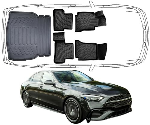 Trimak Passgenau 3D Fussmatten & Kofferraumwanne Auto Set Kompatibel mit Mercedes C Klasse 2014-2022 Umklappbare Rücksitze Allwetter Zubehör Gummimatten Autos TPE Allwetter Geruchlos rutschfest