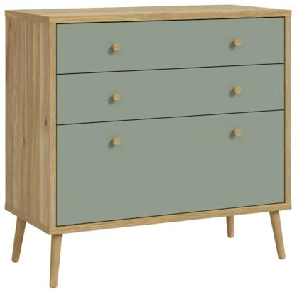 FORTE WHENUA Mid-Century Modern Kommode 90, Kommode mit 3 Schubladen, Sideboard, Holzwerkstoff, Mauvella Eiche Holzdekor, Salbei, 88,8 cm breit x 86,3 cm hoch x 41,5 cm tief