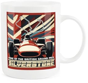 Purely Home Silverstone British Car Racing Mug - Grand Prix Retro Poster Style Race Car Gift/Present Cup - Tea/Coffee White Bone China Mug