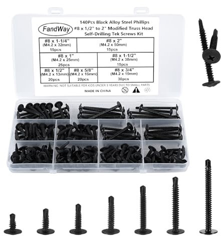 FandWay 140Pcs Self Tapping Screws for Metal,M4.2 Self Drilling Screws for Steel,Wafer Head Tek Screw,Modified Truss Head Sheet Metal Screw Black Oxide for MetalWork Aluminum Wood Plastics.