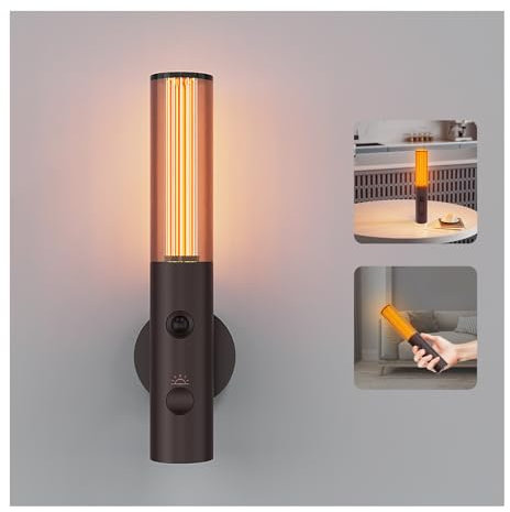 Feallive Wandleuchte Innen mit Bewegungsmelder, Akku Lampe mit Schalter 3 Helligkeitsstufen Warmes Licht, 360° drehbare, für Wohnzimmer TreppenhausFlur kabellose Wandlampe (Braun)