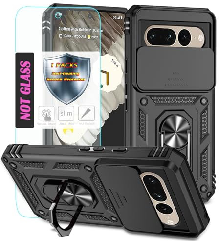 YmhxcY Handyhülle Für Google Pixel 7 Pro Hülle,[mit 1 Stück Schutzfolie],360°Drehen Metallständer，Stoßfester Schutz Hartschale，Mit Kameraschutz，Google Pixel 7 Pro case-Schwarz