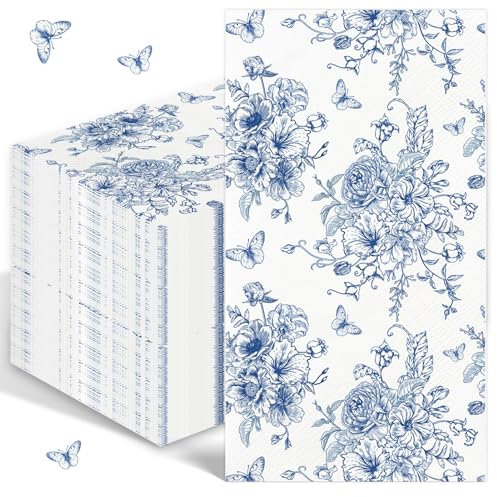 Wzczf 50 Stück Blaue und Weiße Porzellan-Muster Servietten, 3-Lagige Blaue und Weiße Porzellan-Papier-Gästeservietten, Papierserviette Einweg Party Tischdeko für Garten Hochzeit Party