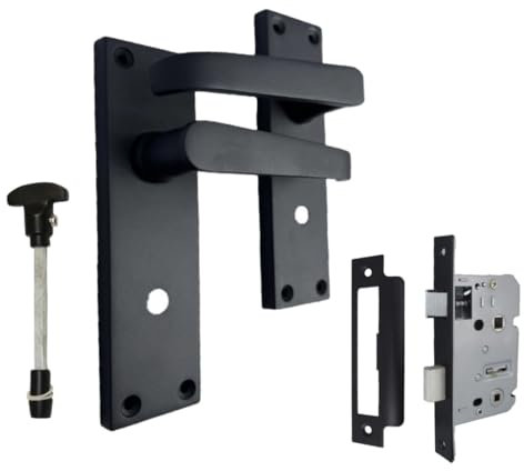 Black Door Handles Interior Door Bathroom Handles - Victorian Straight Bathroom Handles and 3 Lever Mortise Sash Lock, Matt Black Door Handles, Back Plate, 150 x 42mm, Door Handles Set 1
