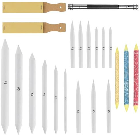 Tcnzdy 21 Stück Papierwischer Set, mit 18 Mischen Papierwischer Bleistift um Zeichnen Zubehör, 2 Schleifpapier Bleistiftspitzer und 1 Bleistiftverlängerungswerkzeug, für Skizze Zeichnen