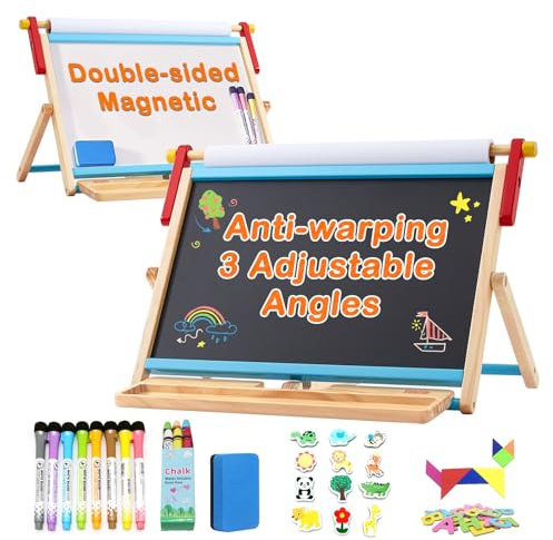 FUNLIO 3-in-1 Holz-Tischstaffelei für Kinder ab 3 Jahren (100+ Zubehör), Doppelseitige Magnet-Kindertafel, 3 Verstellbare Winkel, Mit Tafel, Whiteboard & Papierrolle, Faltbar - Blau