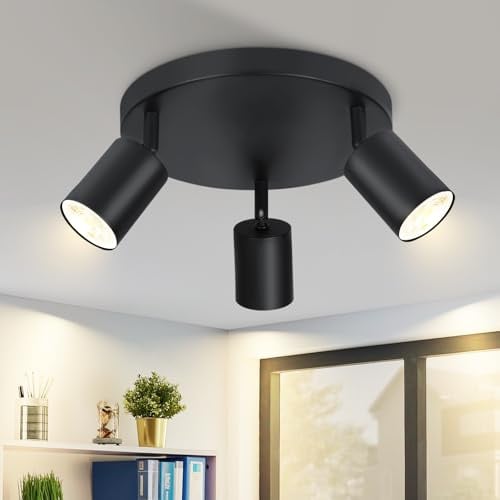 Homefire Schwarz Deckenstrahler 3 Flammig Rund - 350° Schwenkbar Strahler | GU10 LED Deckenlampe Innen Deckenspot für Wohnzimmer Küche Schlafzimmer Ohne Leuchtmittel