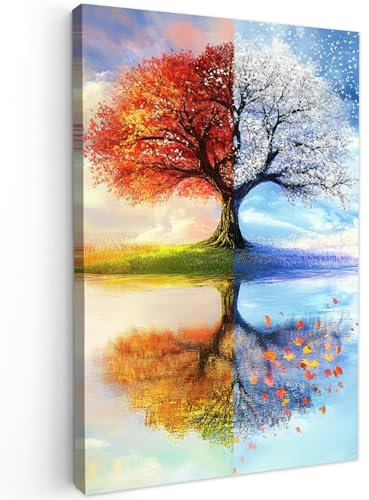 MuchoWow© Leinwandbilder Groß 80x120 cm XXL Wall Art Decoration Bilder für die Wand Schlafzimmer Deko Canvas Painting Wanddekoration Wohnzimmer Jahreszeiten - Kunst - Baum - Winter - Herbst